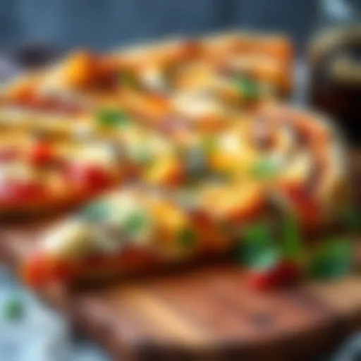 A close-up of a slice of butter chicken pizza topped with creamy sauce and herbs on a wooden serving board