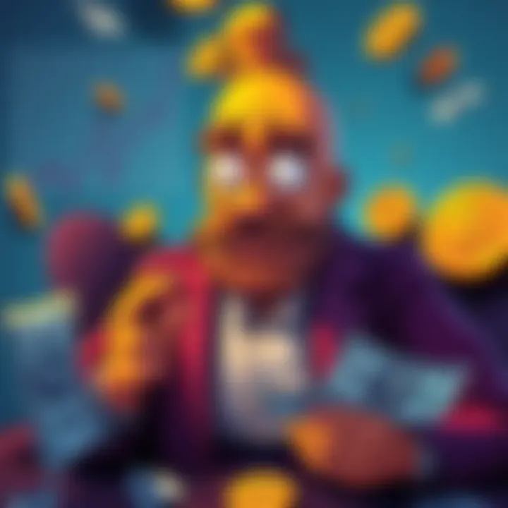 Butters, a character with an expressive face, debates the risks of stable coins and dollar printing in a lively discussion with charts and dollar bills around him