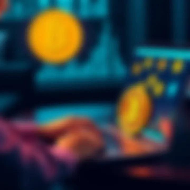 A person conducting a secure online transaction to buy Bitcoin using USDT with a laptop and cryptocurrency icons displayed