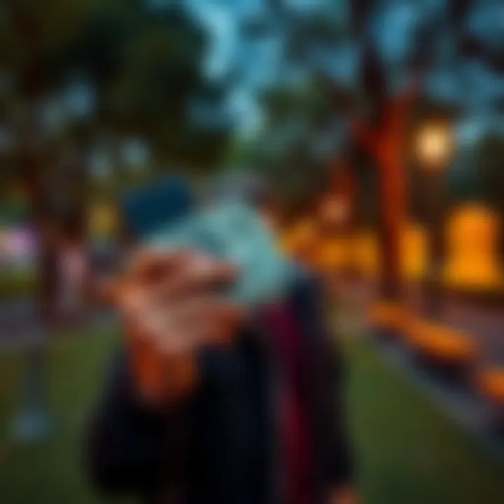 A person holding cash and a smartphone in a public park, ready to buy Bitcoin safely.