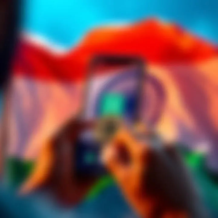 A person using a smartphone to buy Bitcoin with a digital currency app, showing the Indian flag in the background.