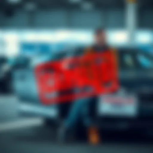 A disappointed car seller next to a car with a canceled deal sign