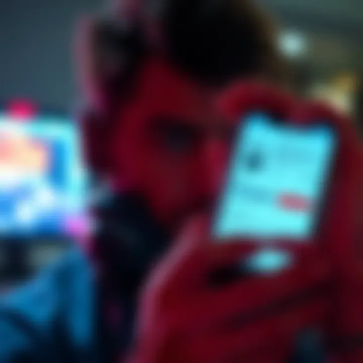 A buyer examines a pair of poor-quality headphones with a blurry product listing on a smartphone, showing a price increase