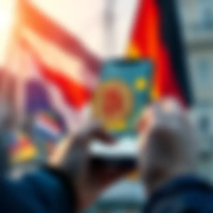 A person using a smartphone to buy Bitcoin with a digital currency exchange app, flags of the Netherlands and Germany in the background.