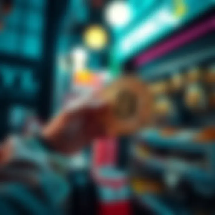 A person purchasing Bitcoin with cash at a local shop, avoiding KYC processes.