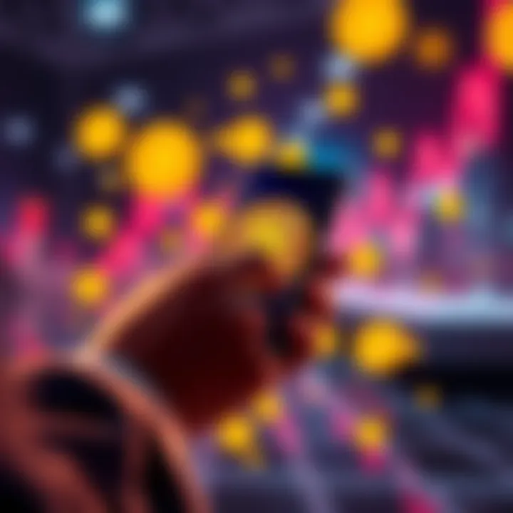 Buying Bitcoin A person using a smartphone to buy Bitcoin with digital currency icons around