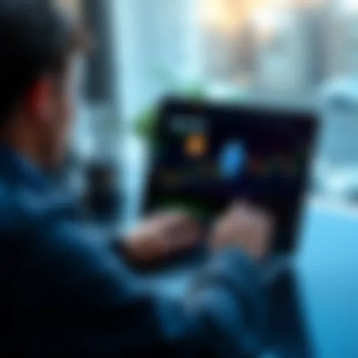 A person looking at cryptocurrency charts on a laptop, with Bitcoin and Ethereum symbols displayed prominently on the screen.