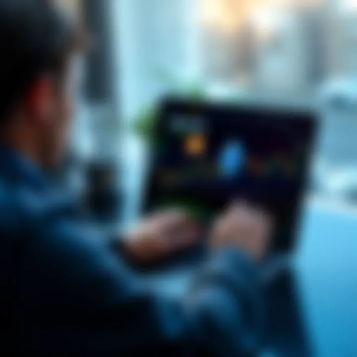 A person looking at cryptocurrency charts on a laptop, with Bitcoin and Ethereum symbols displayed prominently on the screen.