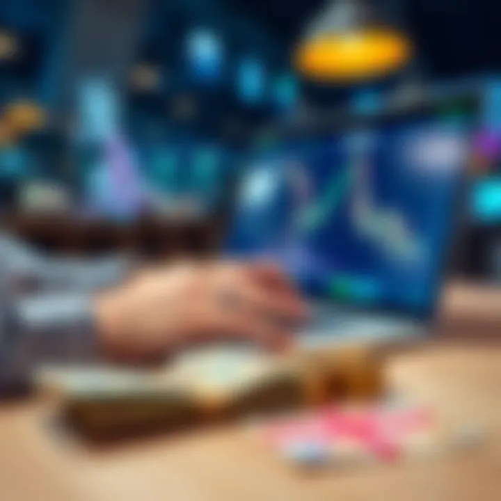 A person using a laptop to buy IOTA on a cryptocurrency exchange, with UK currency notes on the table.
