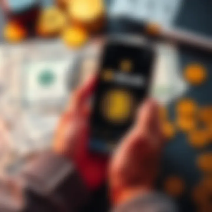 A person holding a smartphone displaying a bitcoin wallet app, with dollar bills and coins in the background, representing financial investment.