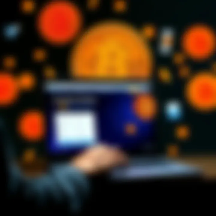 A person using a laptop to purchase Bitcoin on a website, with Bitcoin symbols in the background.