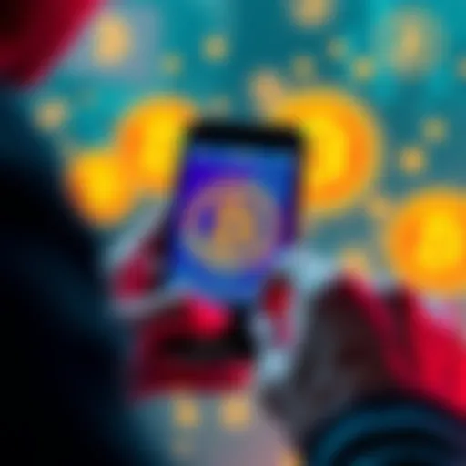 A person using a smartphone to buy Bitcoin on a secure app, with a focus on safety tips and crypto symbols in the background.
