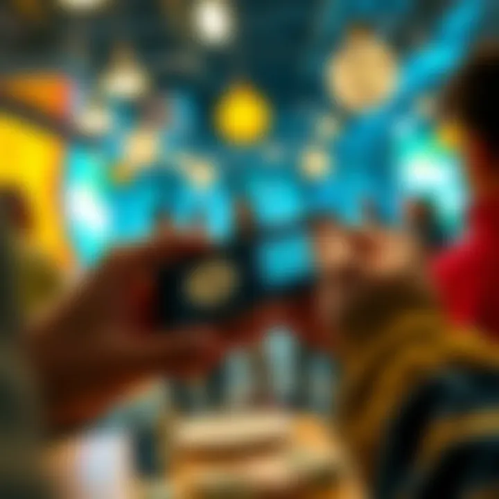 A person exchanging cash for Bitcoin at a local meet-up, showing a smartphone with a Bitcoin wallet app open, surrounded by a friendly atmosphere.