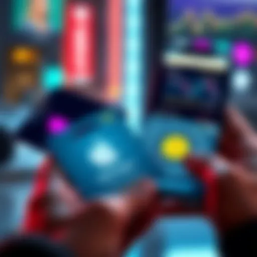 A person holding US iTunes gift cards next to a smartphone showing cryptocurrency graphics