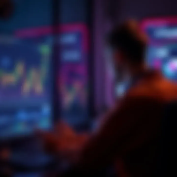 A person looking at a computer screen with cryptocurrency charts, contemplating card payments without KYC verification.