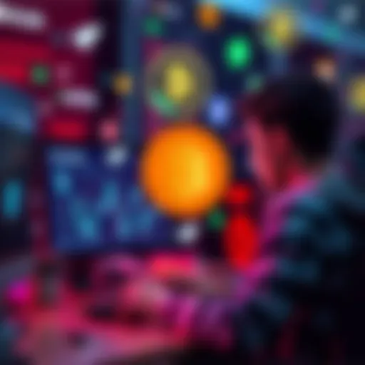 A person using a computer to buy cryptocurrency without verification, surrounded by digital icons representing various cryptocurrencies