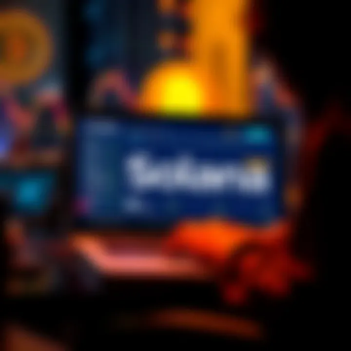 A person on a laptop purchasing Solana on an instant exchange platform, with digital currency graphics in the background.