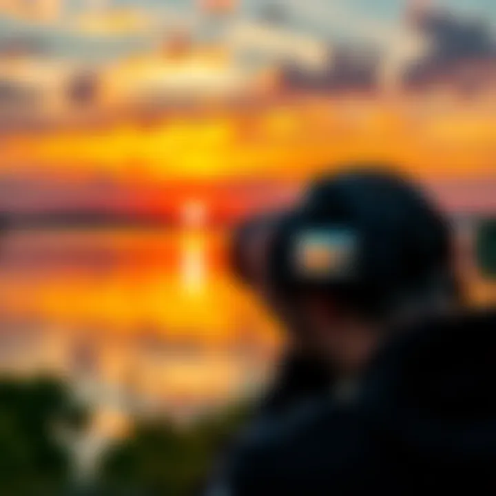 A person photographing a scenic view of Caddo Lake with a D3000 camera and a 50mm lens, capturing the sunset over the water.