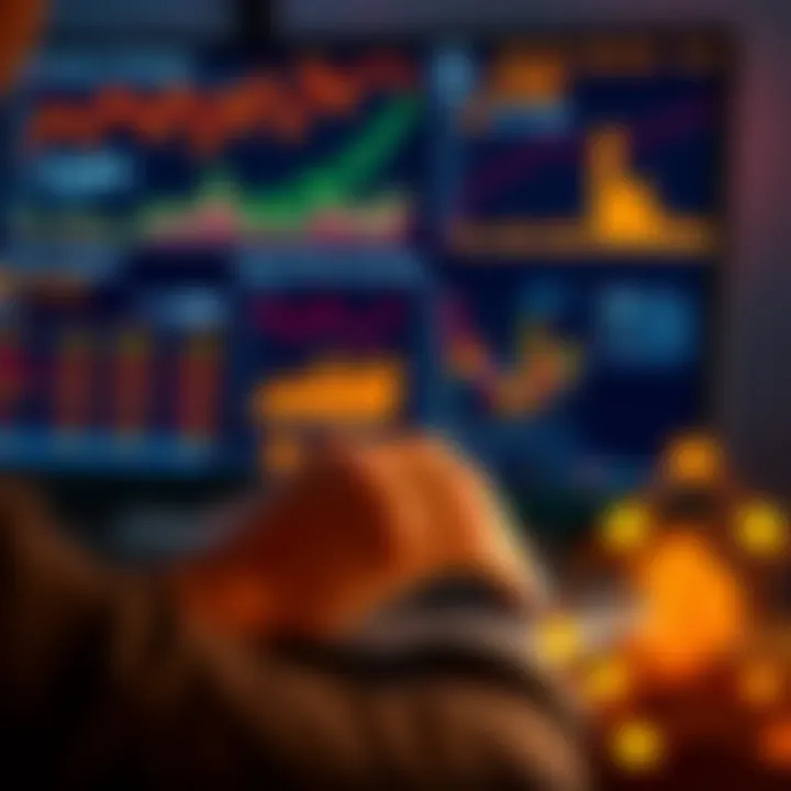 A person analyzing cryptocurrency data on a laptop, with charts and graphs showing PI Rewards calculations in the background.