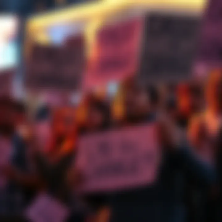 A group of frustrated users expressing their concerns about Coinbase's software issues, holding signs demanding improvements and stability in the platform.