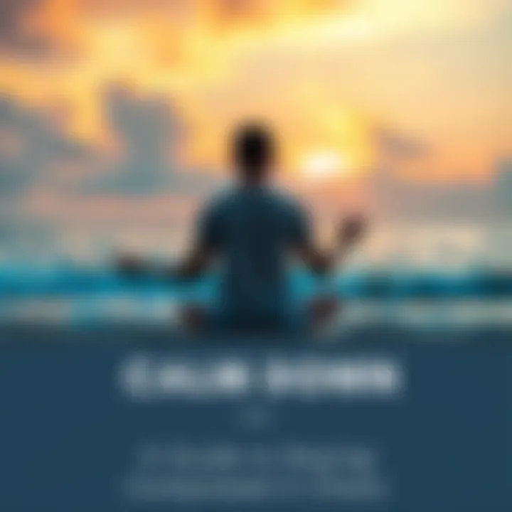 A calm individual sitting cross-legged on a beach at sunset, practicing meditation to stay composed during chaotic times