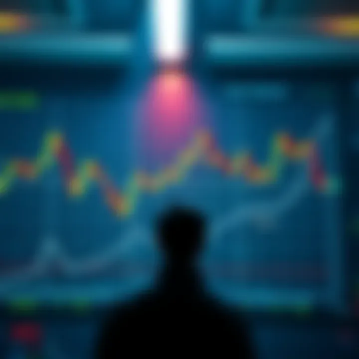 A graph showing fluctuating stock market trends with a person looking at it thoughtfully, symbolizing caution amid market hype.
