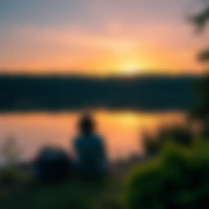 A person sitting peacefully by a calm lake, reflecting on life, surrounded by greenery.