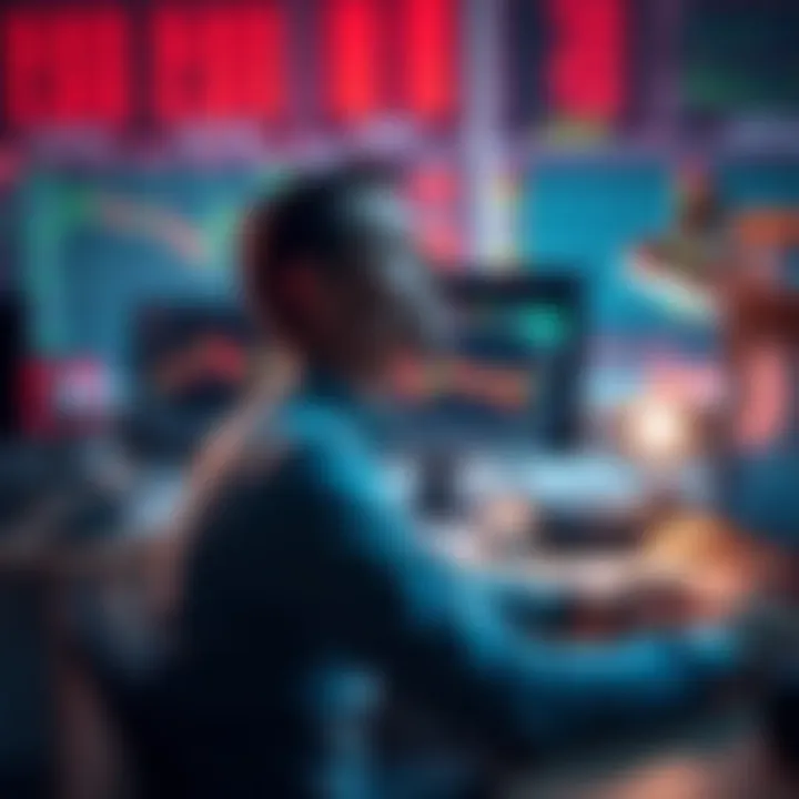 A focused trader sitting at a desk, eyes closed, taking a deep breath, surrounded by trading charts and a laptop