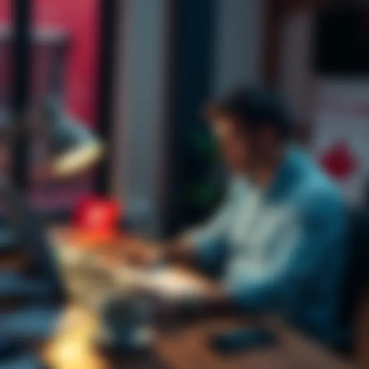 A Canadian man sitting at a desk with a laptop open, looking at Bitcoin information, surrounded by notes and a coffee cup.