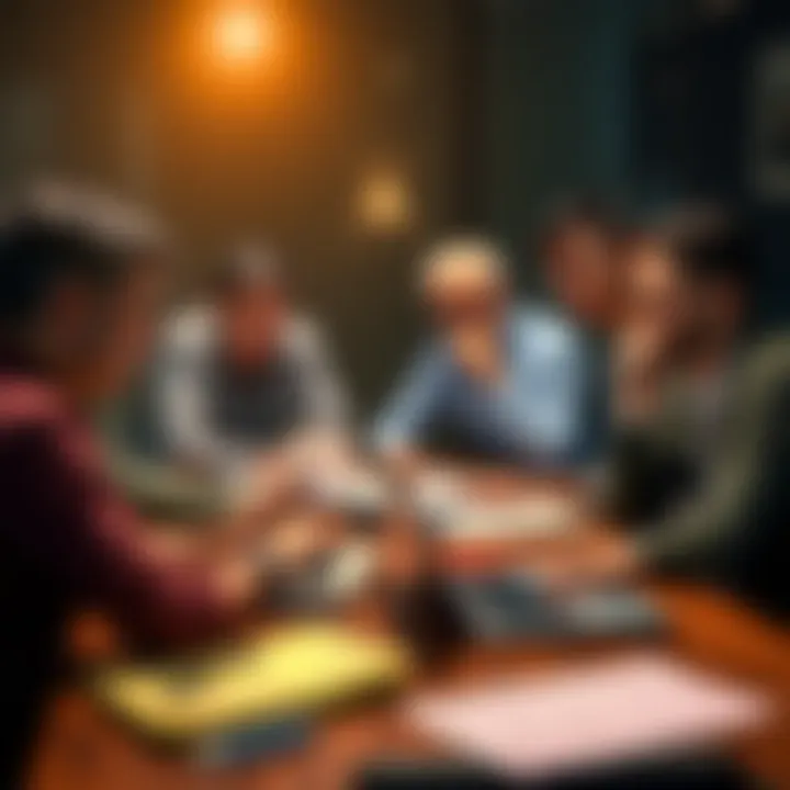 A group of Canadians discussing cryptocurrency, showing expressions of concern and skepticism around a table with laptops and papers.
