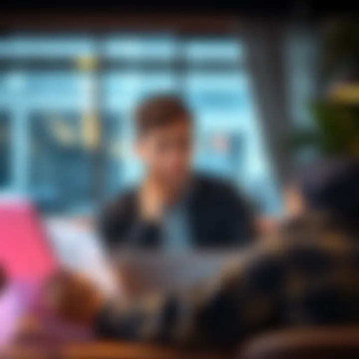 A graphic showing a person looking confused while reviewing cancellation fees and currency exchange rates on a laptop.