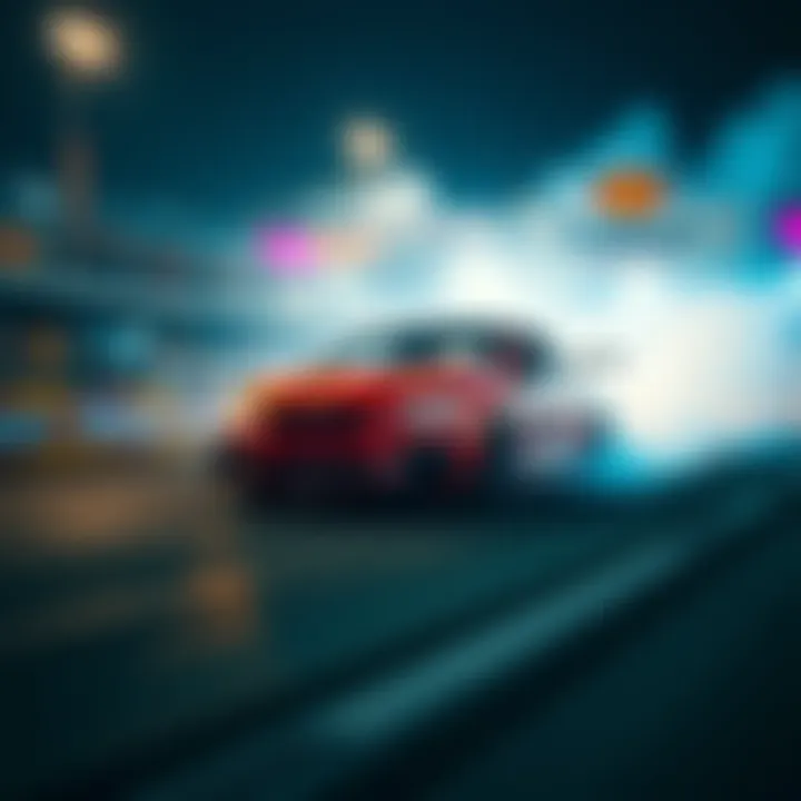 A car skillfully drifting on a track in the Drift Zone, surrounded by fellow racers and cheering spectators
