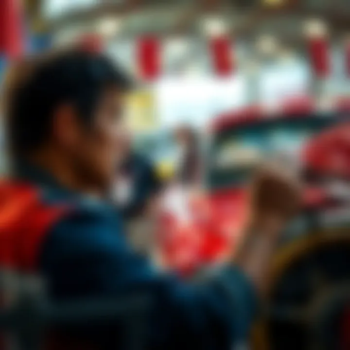 A buyer inspecting a classic car during an auction, looking thoughtful and cautious.
