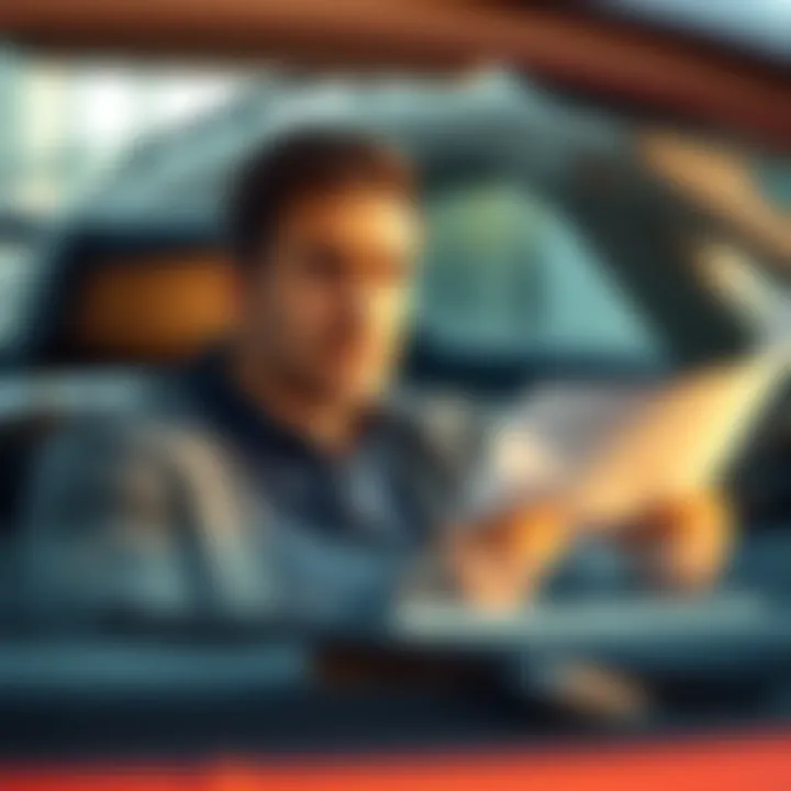 A worried car buyer holding paperwork, looking at a car with no service records