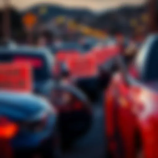 A group of cars with 'For Sale' signs in Marin County, highlighting the controversy over the Montana Loophole scheme.