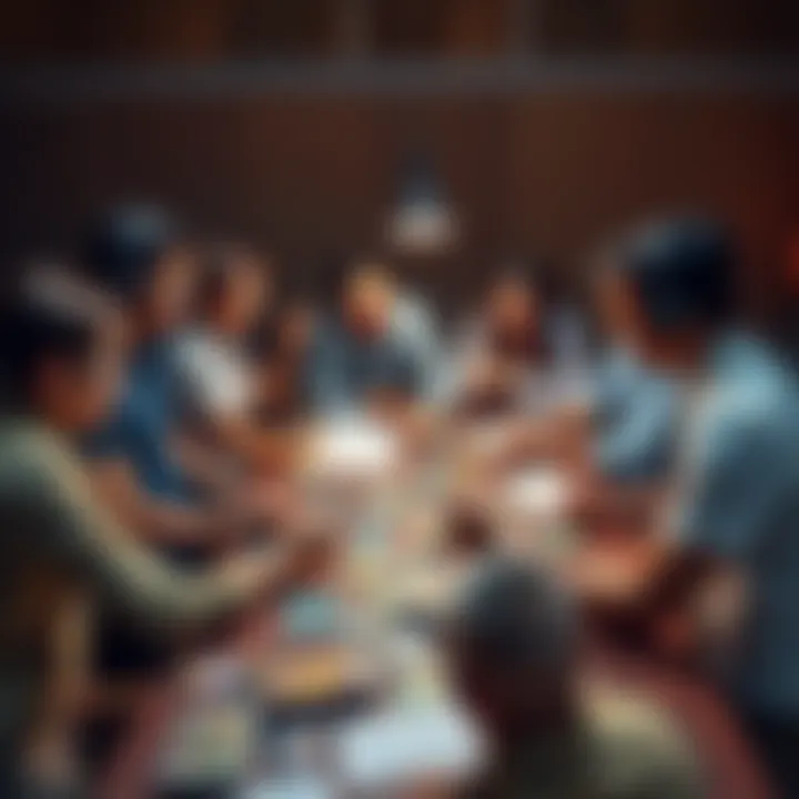 A diverse group of people brainstorming over a table filled with card game designs and sketches, working together on an Algorand card game, inspired by Hearthstone.