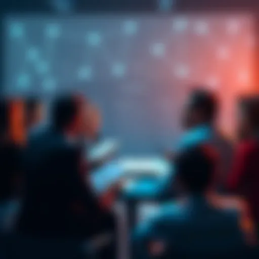 Group of people debating Cardano governance with documents and charts related to Network Control Layer and constitutional principles.