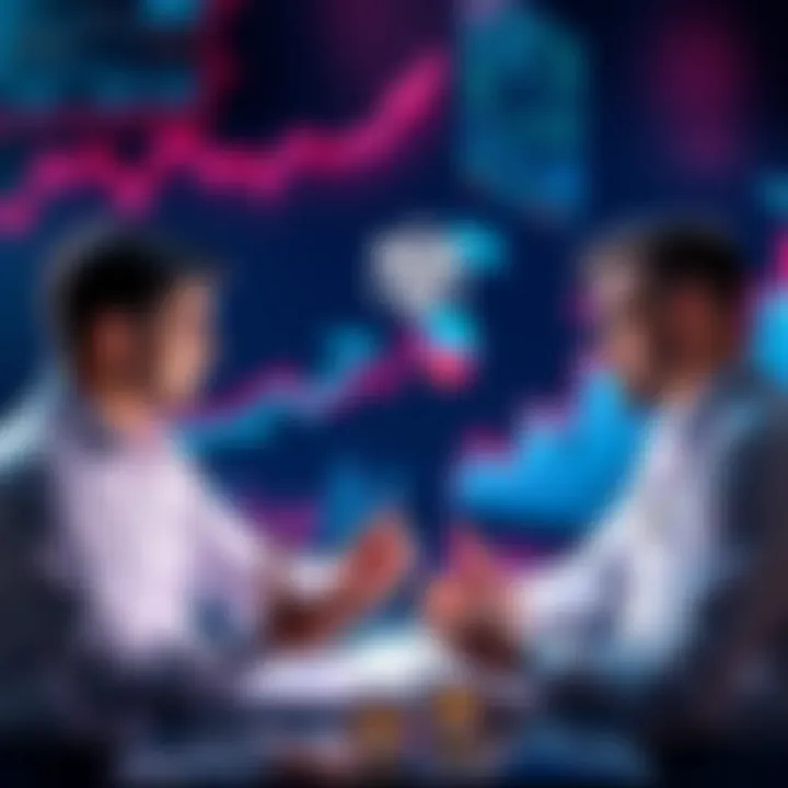 Cardano and Bitcoin DeFi Discussion Experts discussing Cardano and Bitcoin DeFi insights with charts and graphs in the background
