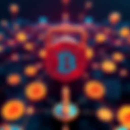 Illustration showing Cardano stake pools enhancing Bitcoin security, featuring digital currency symbols and interconnected networks