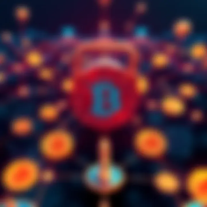 Illustration showing Cardano stake pools enhancing Bitcoin security, featuring digital currency symbols and interconnected networks