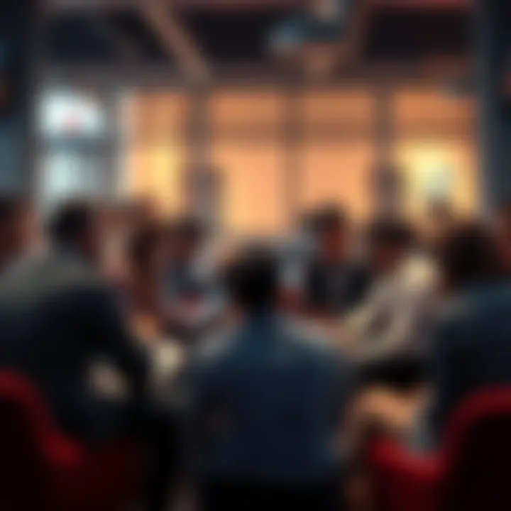 Cardano Community Gathering A group of people discussing Cardano news and updates in a casual setting, some using laptops and smartphones, showing engagement in online forums.