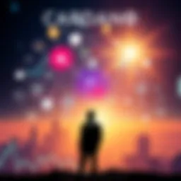 A visual representation of the Cardano ecosystem, featuring symbols of blockchain technology, charts showing market trends, and a silhouette of Charles Hoskinson, the founder.