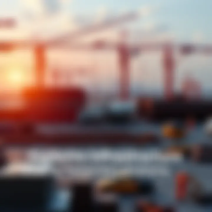 A modern construction site showing workers building structures to support economic growth, with cranes and equipment in the background.