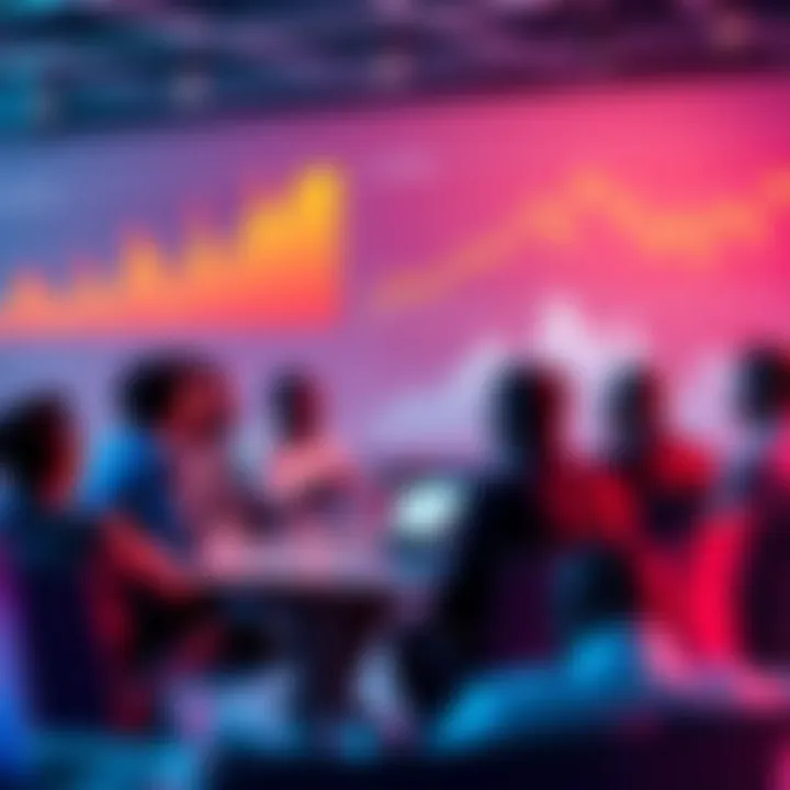 A group of industry experts discussing Cardano's future and market trends with charts and graphs in the background.