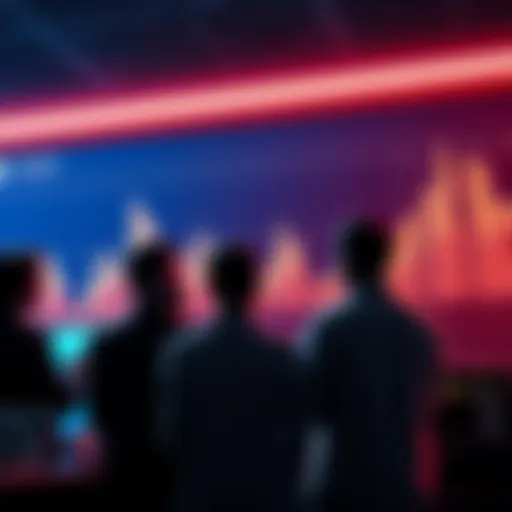A group of investors discussing Cardano investments with charts and graphs in the background showing rising trends.