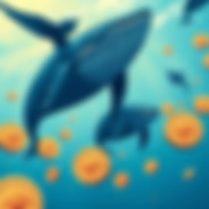Illustration of large whales swimming around coins representing Cardano ADA, indicating significant purchases during a market dip.