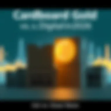 A visual comparison of a stack of cardboard boxes marked as 'Cardboard Gold' next to a glowing cryptocurrency symbol, representing the contrast between physical and digital assets.