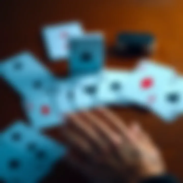 A set of playing cards arranged on a table, showcasing different symbols and colors, with a hand preparing to shuffle them for passphrase generation.