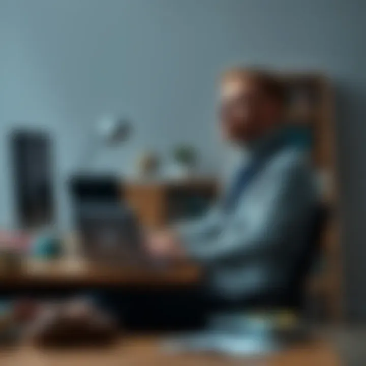Career Change at 40 A 40-year-old man sitting at a desk with a laptop, contemplating a career in Bitcoin, surrounded by books on Computer Science and Economics, looking thoughtful.