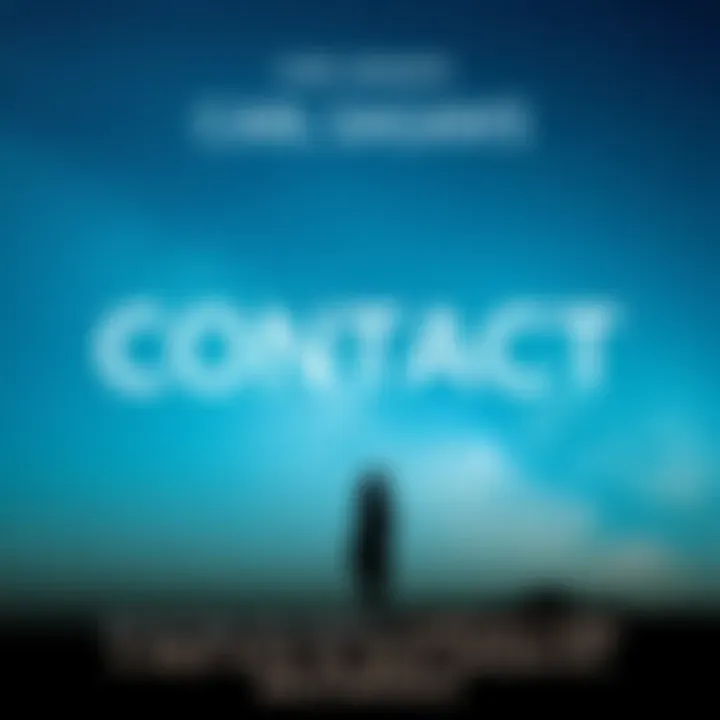 Cover of Carl Sagan's novel Contact, featuring a starry sky and a silhouette of a woman looking up at the stars, symbolizing the search for meaning in the universe.